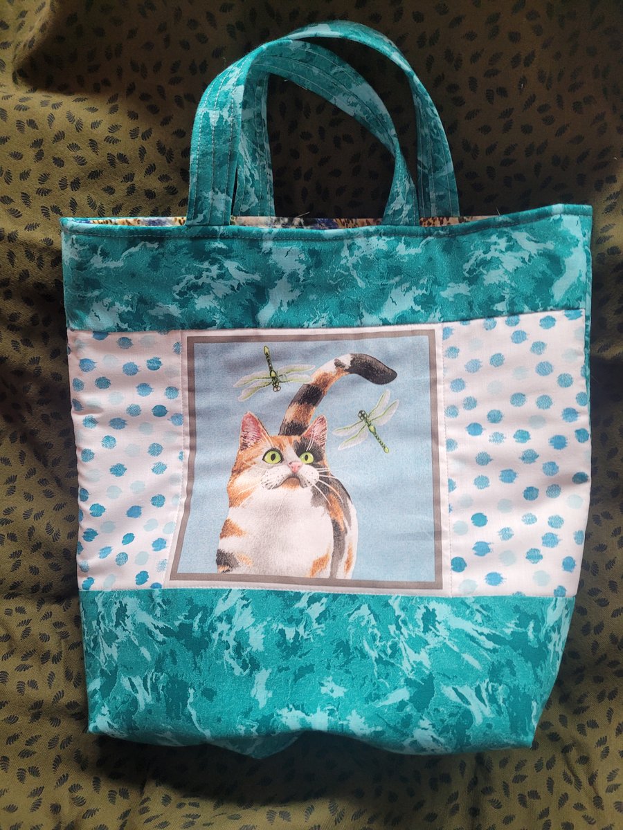 Cat shopping bag cat with dragonflies teal green tote bag