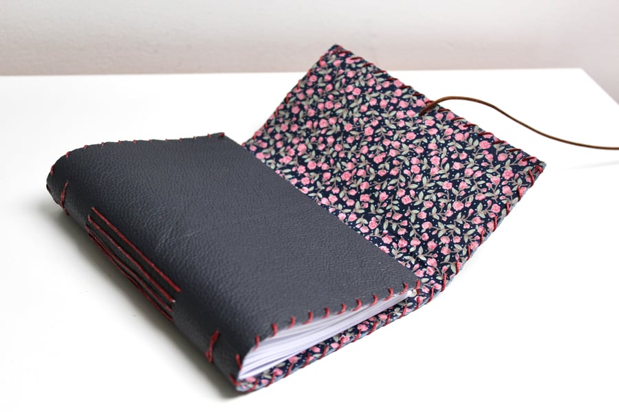 A6 Fold Over Navy Leather handmade notebook floral fabric lining plain paper 