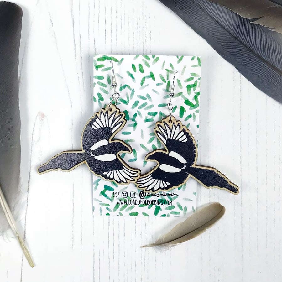Flying Magpie Illustration Wooden Drop Earrings