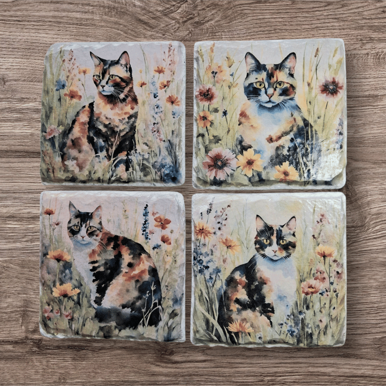 Tabby Cat Decoupaged Slate Coasters Set of 4
