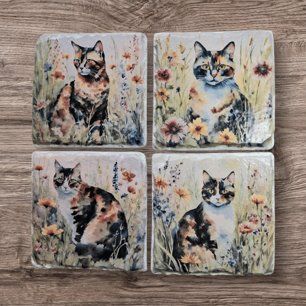 Tabby Cat Decoupaged Slate Coasters Set of 4