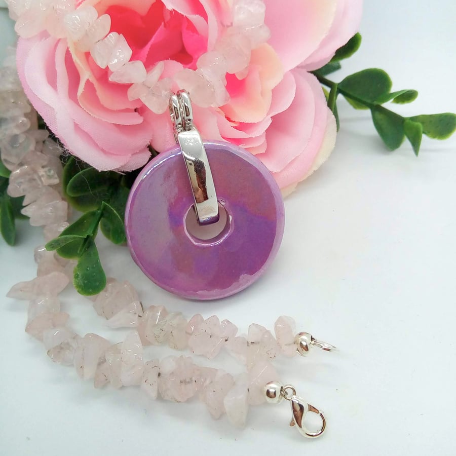 Iridescent Lilac Ceramic Donut Pendant Necklace, Rose Quartz Necklace