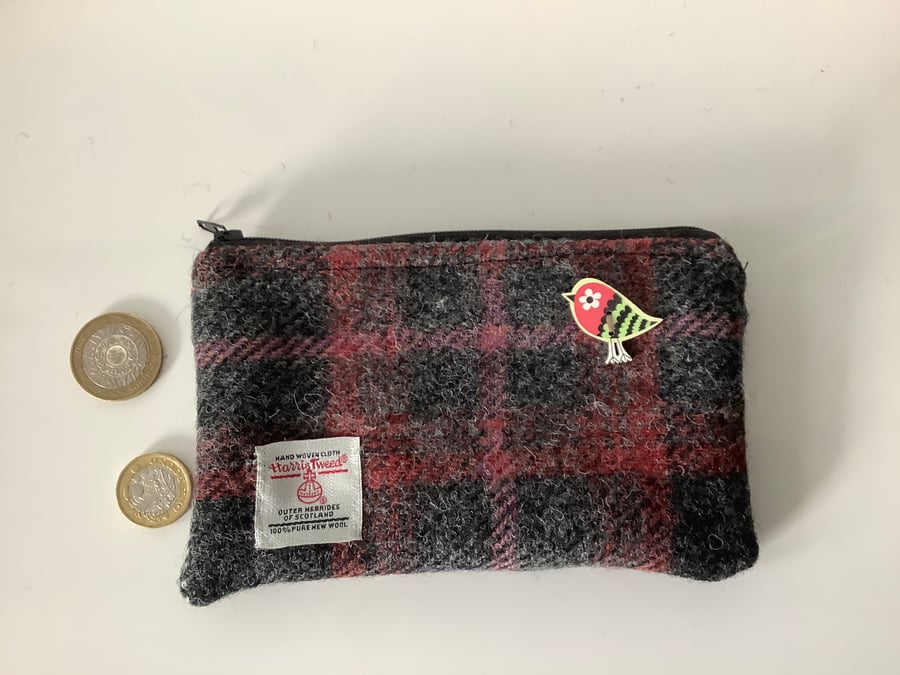 Grey and Red Check Harris Tweed coin purse ,Zip pouch