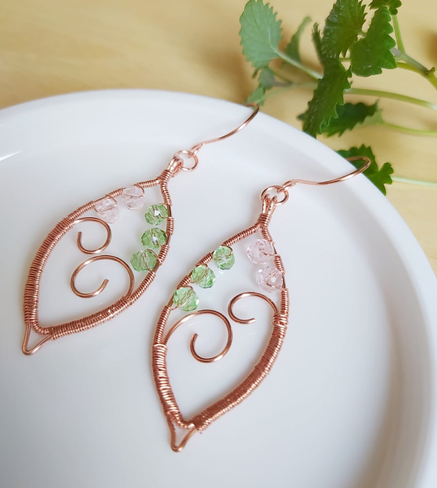 Heart and Leaf Shaped Wire Wrapped Drop Earrings with Crystal Beads