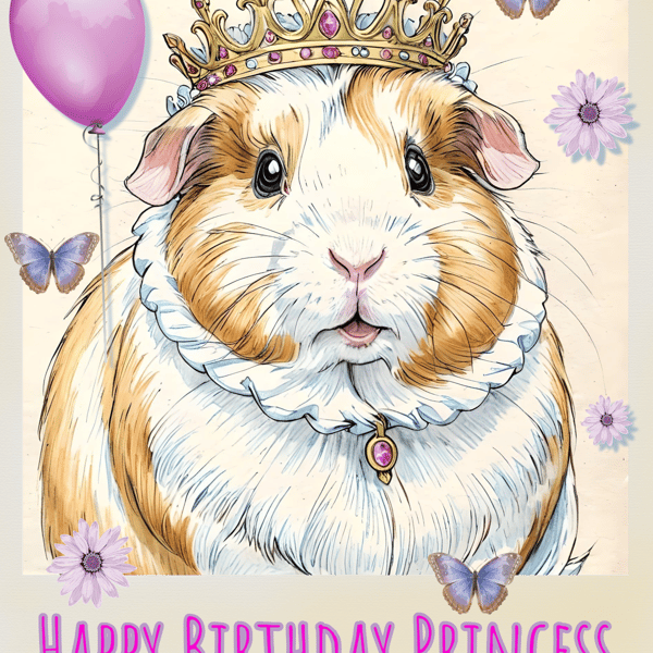 Happy Birthday Princess Guinea Pig Card A5