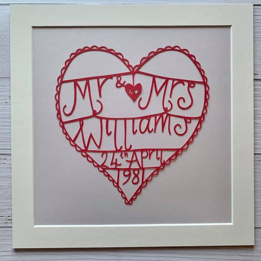 40th "Ruby" Wedding Anniversary Original Papercut - Made to order