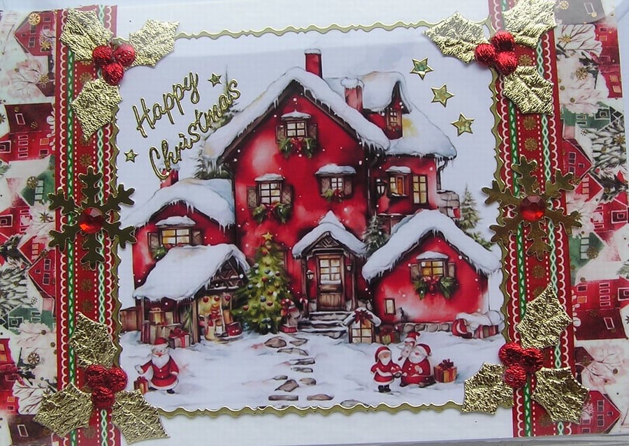 Hand Crafted Decoupage Chistmas Card - Happy Christmas (3384) Xmas Welcome Home
