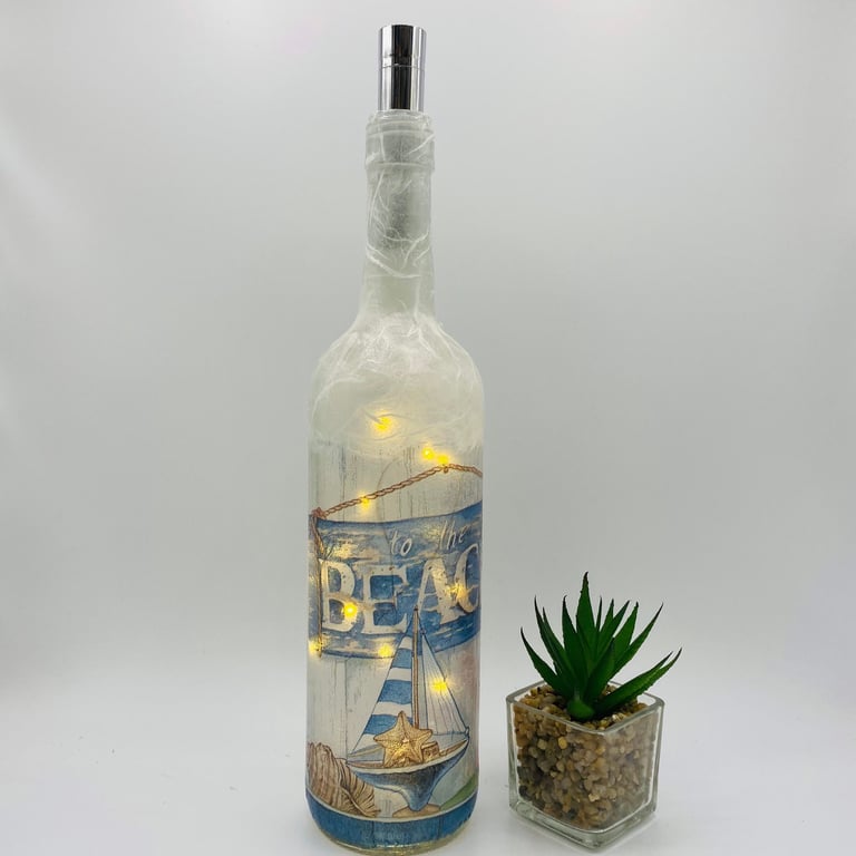 Bottle light, beach nautical theme, Decoupage, LED battery operated lights