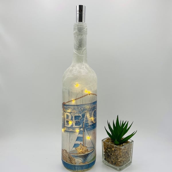 Bottle light, beach nautical theme, Decoupage, LED battery operated lights, up-c