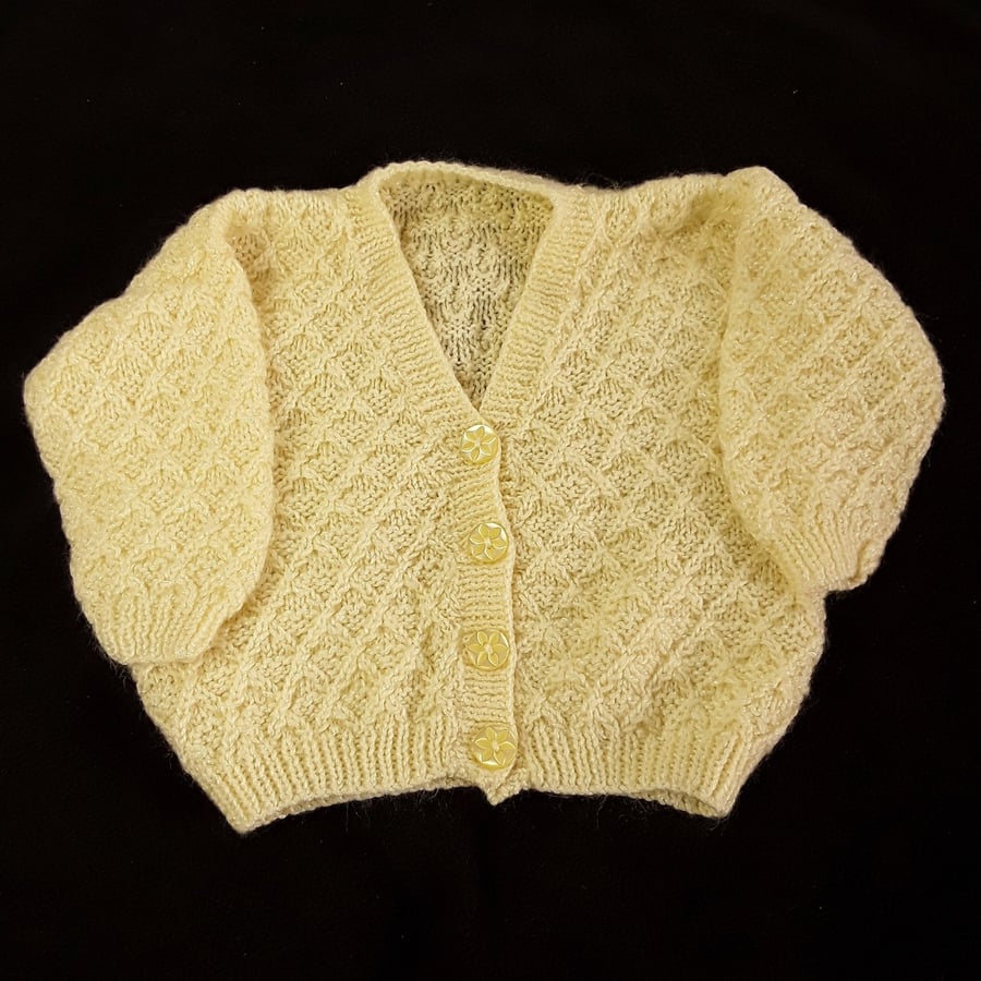 Hand knitted baby cardigan to fit 22 inch chest - lemon - V neck - knitted baby 