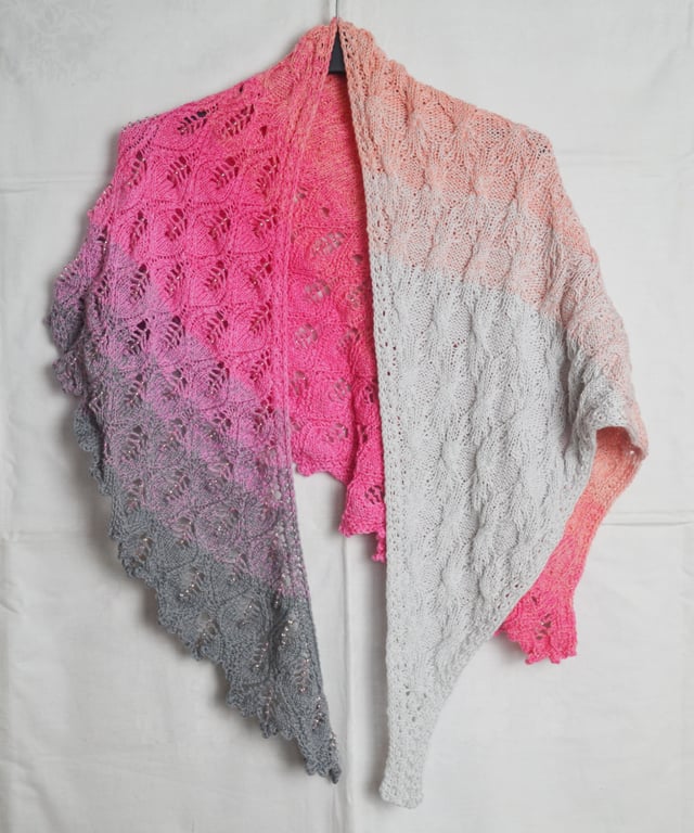 Hand Knitted Asymmetric Shawl Pink Grey 100% Cotton Beaded ca 140x66cm