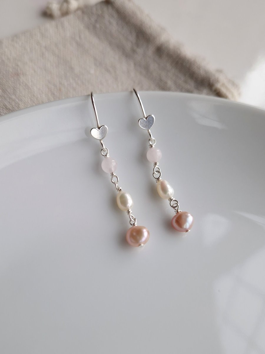 Delicate rose quartz and freshwater pearl sterling silver drop earrings