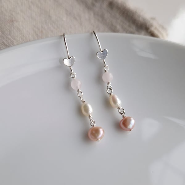 Delicate rose quartz and freshwater pearl sterling silver drop earrings