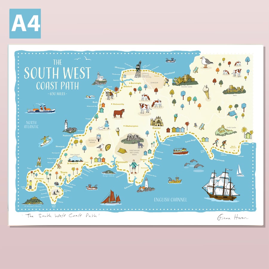 South West Coast Path map poster A4 of Cornwall, Devon, Somerset and Dorset