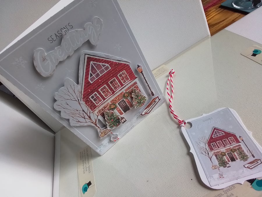 Christmas card and gift tag set. Christmas card. 3D Christmas card. 923