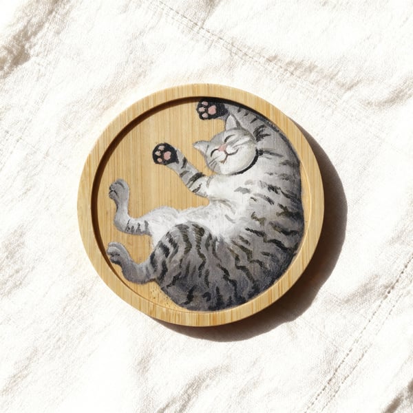 Hand-Painted Sleeping Cat Bamboo Coaster