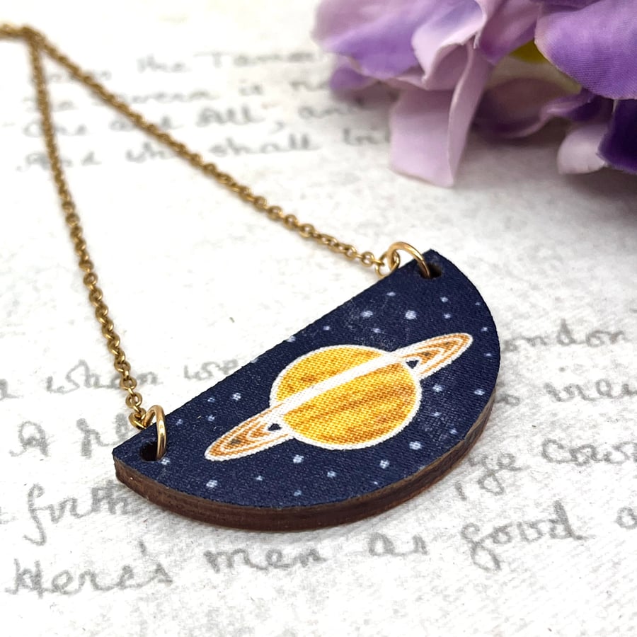 Saturn small curved fabric and wooden necklace astronomy lover