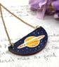 Saturn small curved fabric and wooden necklace astronomy lover