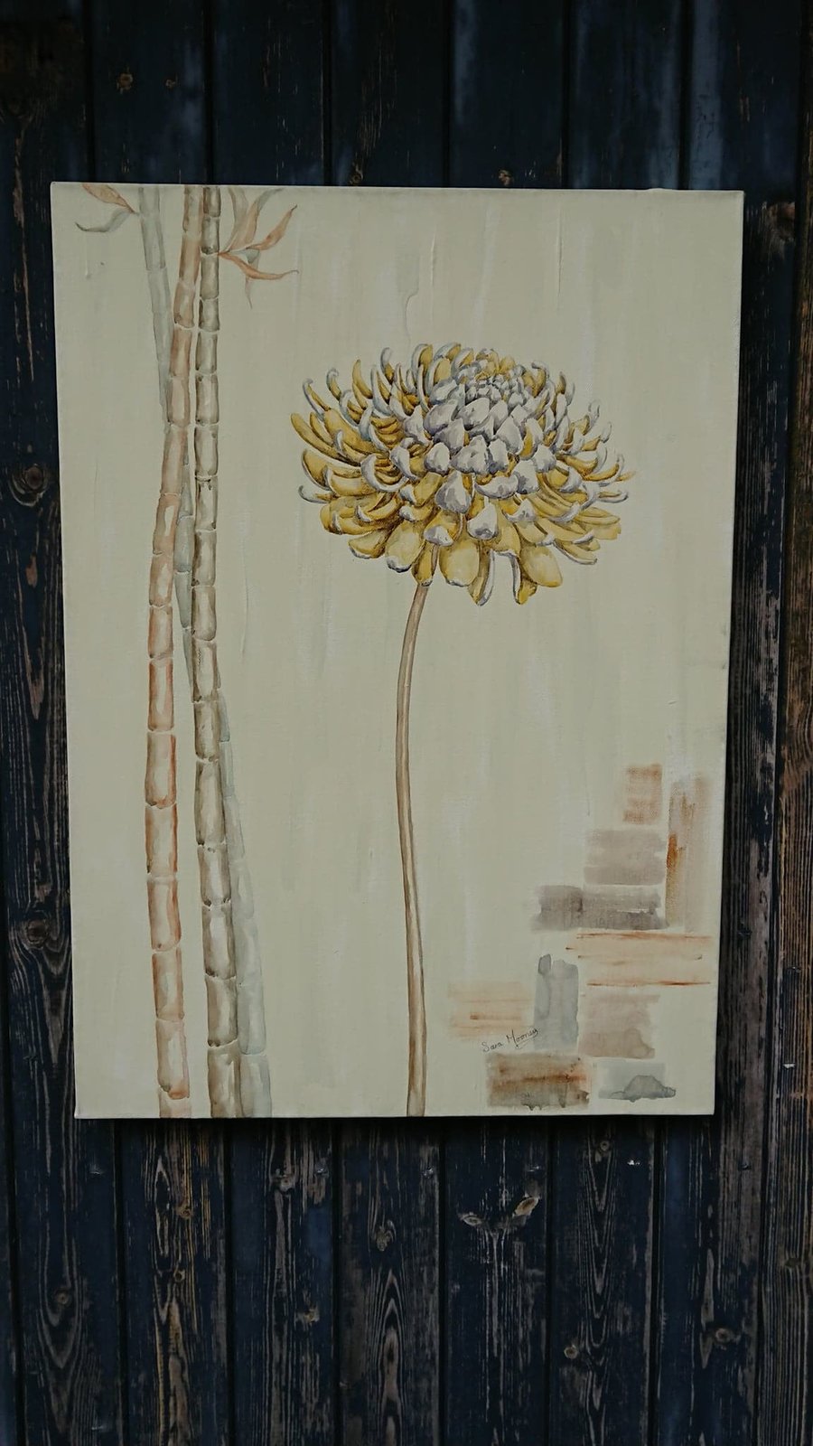 Yellow dahlia painting with bamboo stems on textured cream canvas