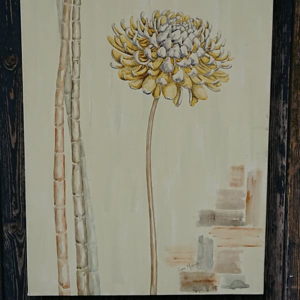 Yellow dahlia painting with bamboo stems on textured cream canvas