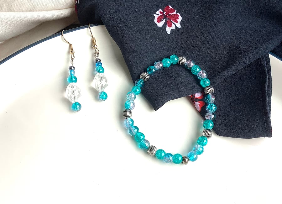 Blue and silver bead bracelet and dangling earrings, shiny bright jewellery