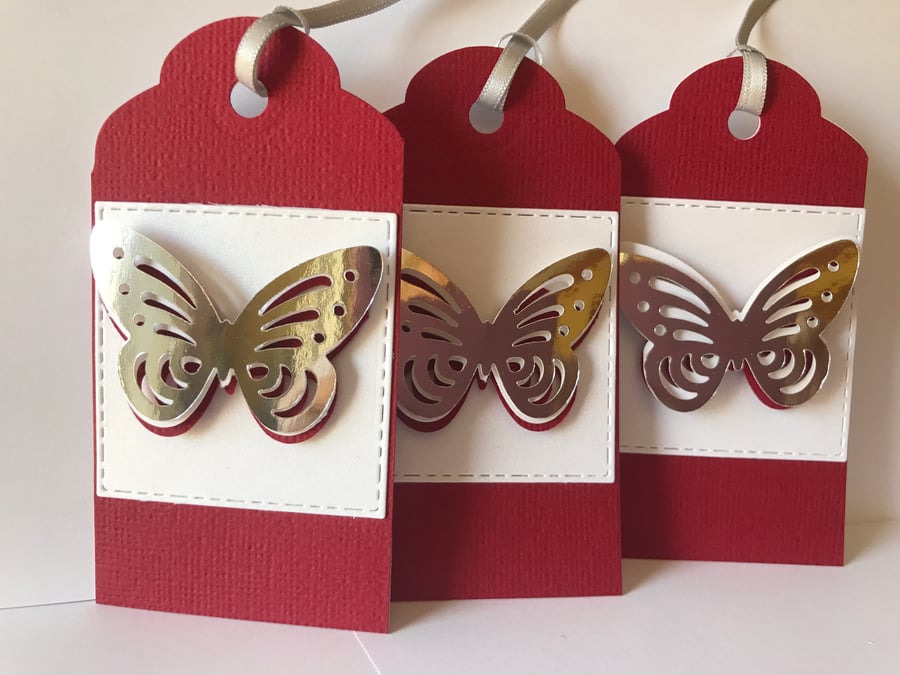 LUXURY SPARKLY Butterfly elegant 3 Red silver gift tags 4 x 2 inches 