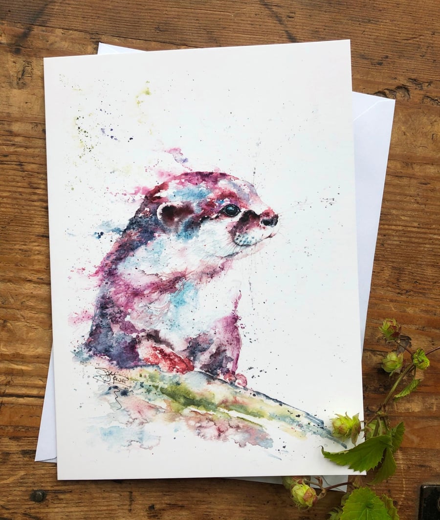 Otis the Otter Card, A5 blank greeting card with a watercolour otter design