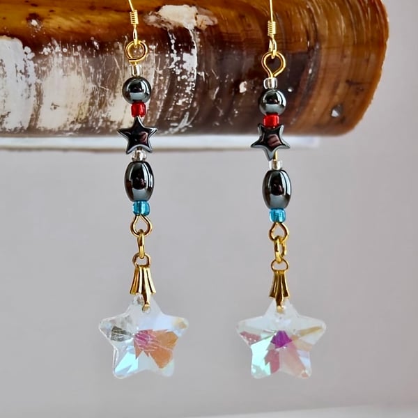 Czech Glass Crystal "Starry Night" Earrings With Hematite Beads - Seconds Sunday