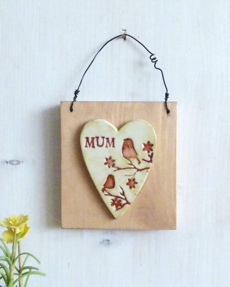 'MUM' Birds And Flowers, Clay Heart, Hanging Wall Plaque 