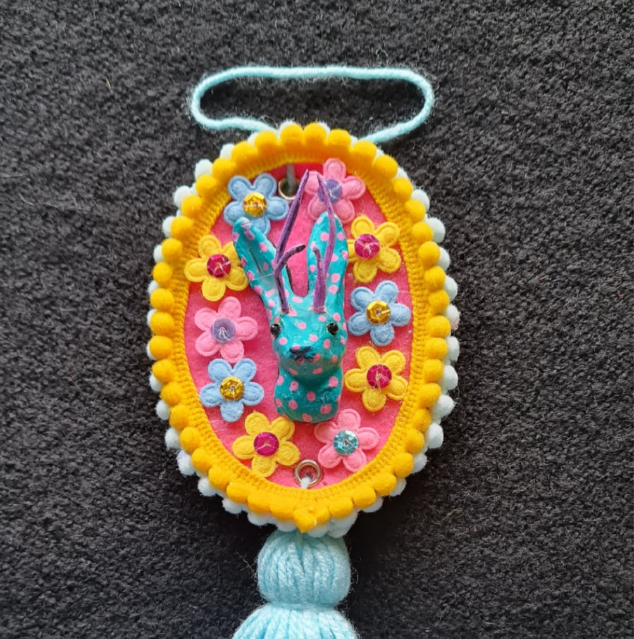 Miniature spotted jackalope folk art hanging ornament  