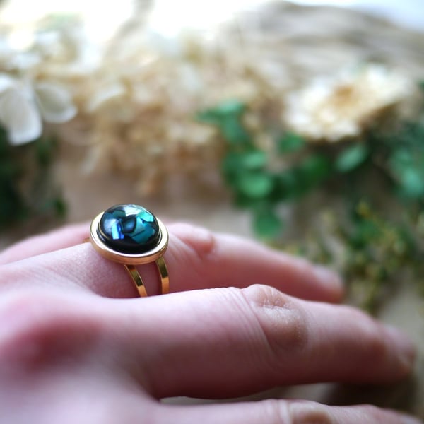 Abolone Shell and Resin Stainless Steel Adjustable Gold Ring