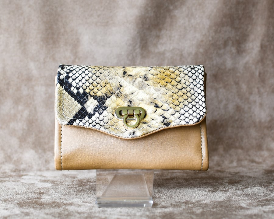 Beige leather and snakeskin textured leather clutch purse wallet