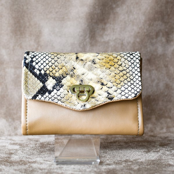Beige leather and snakeskin textured leather clutch purse wallet