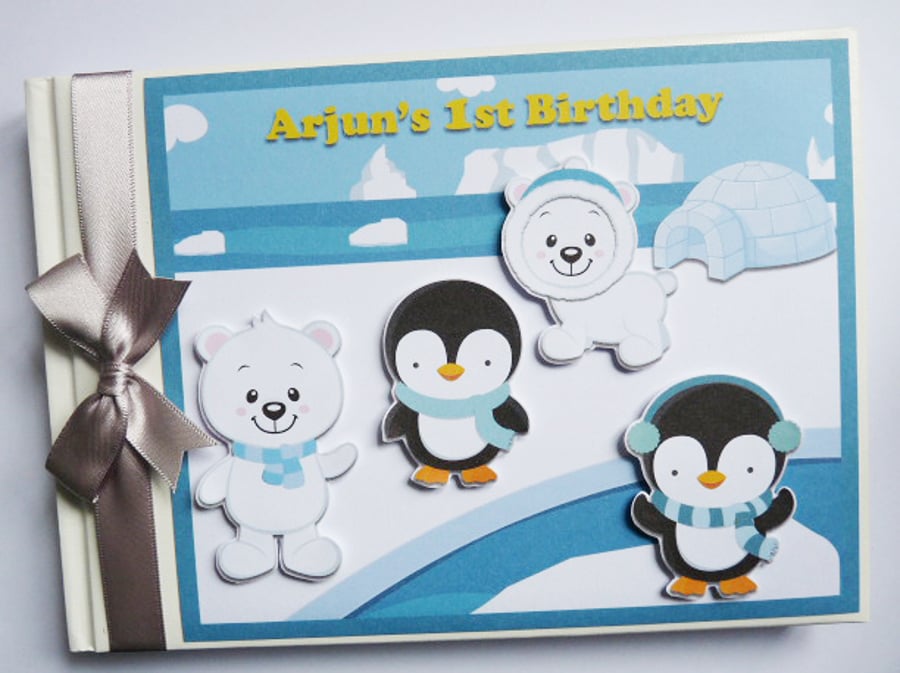 Winter Onederland birthday guest book, Penguins birthday guest book, gift