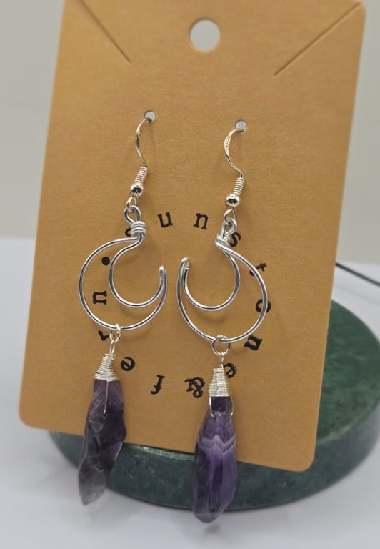 Handmade Crescent Moon Wire Wrapped Earrings with Raw Amethyst Crystal Points