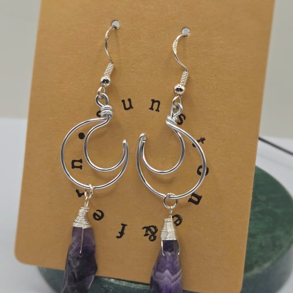Handmade Crescent Moon Wire Wrapped Earrings with Raw Amethyst Crystal Points