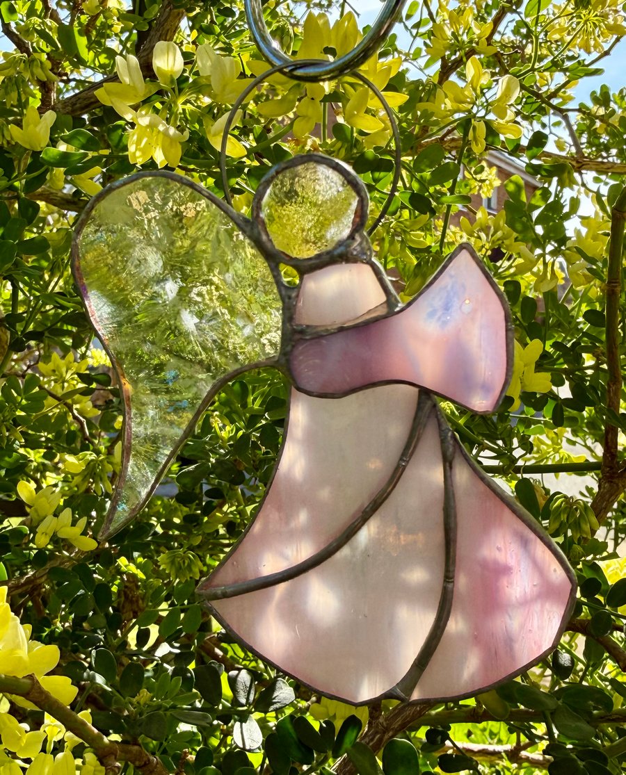 Side-Facing Stained Glass Angel - Pale pink wispy cloak and iridescent wing