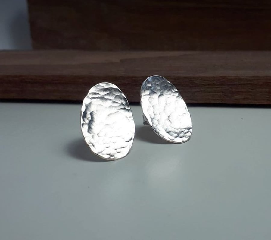 Recycled Handmade Sterling Silver Oval Stud Earrings,studs, silver stud earrings