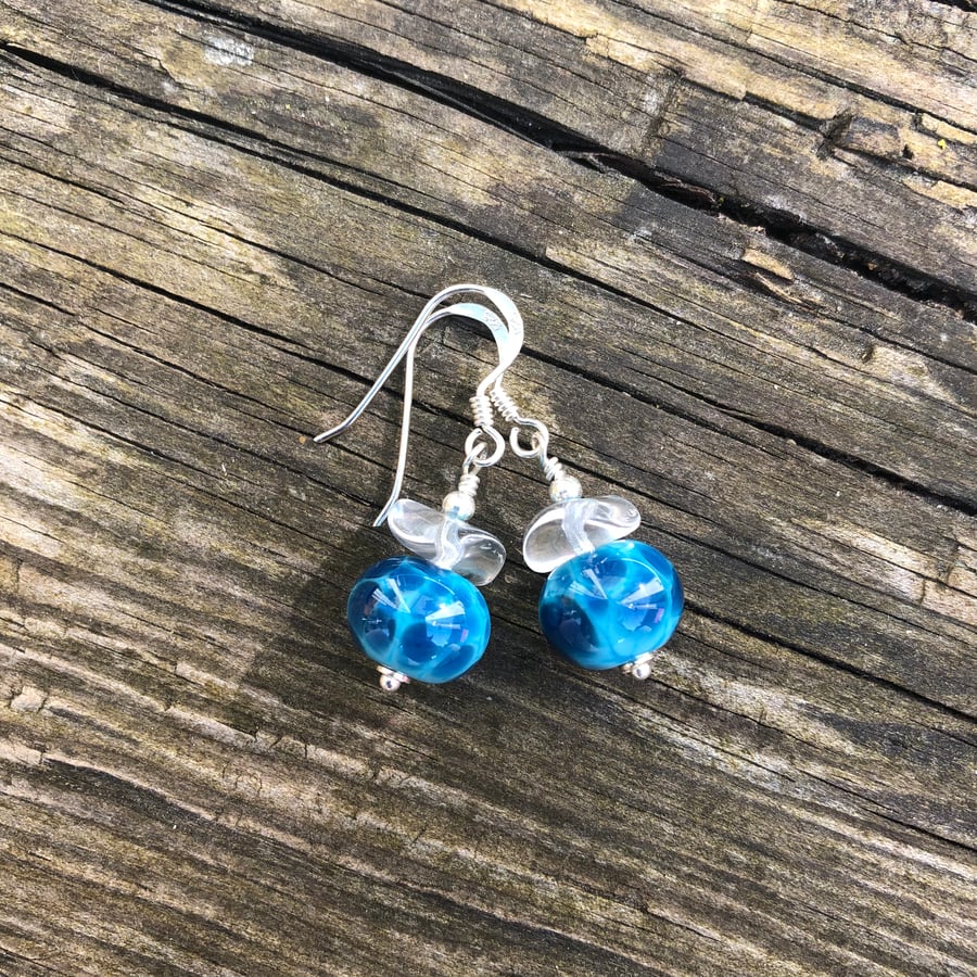 ‘Ocean’ Turquoise lampwork glass earrings. Sterling Silver 