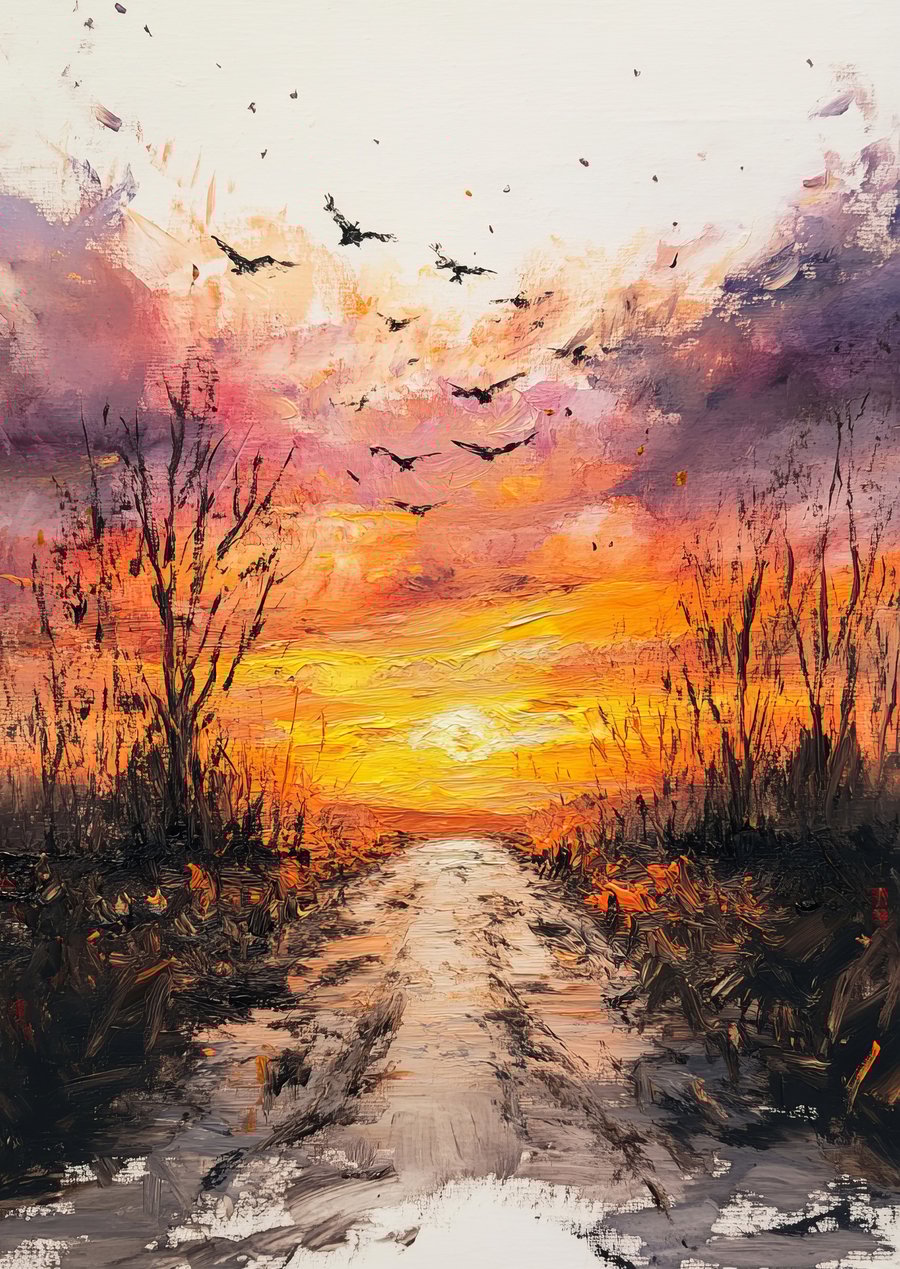 Dramatic Sunset Road 5"x7" Print on Matte Paper, Atmospheric Landscape Painting