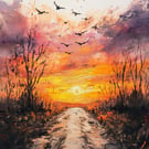 Dramatic Sunset Road 5"x7" Print on Matte Paper, Atmospheric Landscape Painting