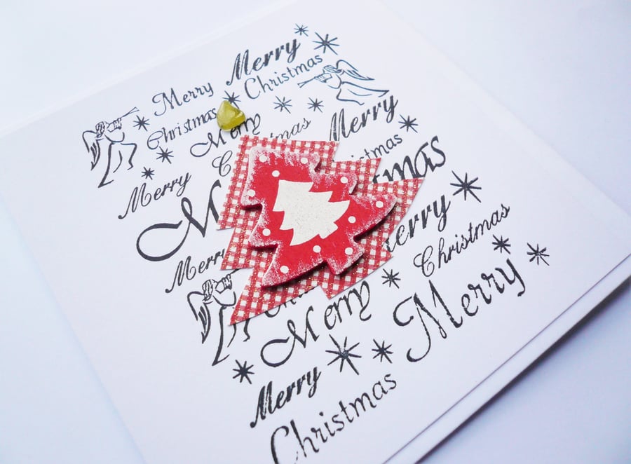 Red and White Christmas Tree Sea Glass Christmas Card