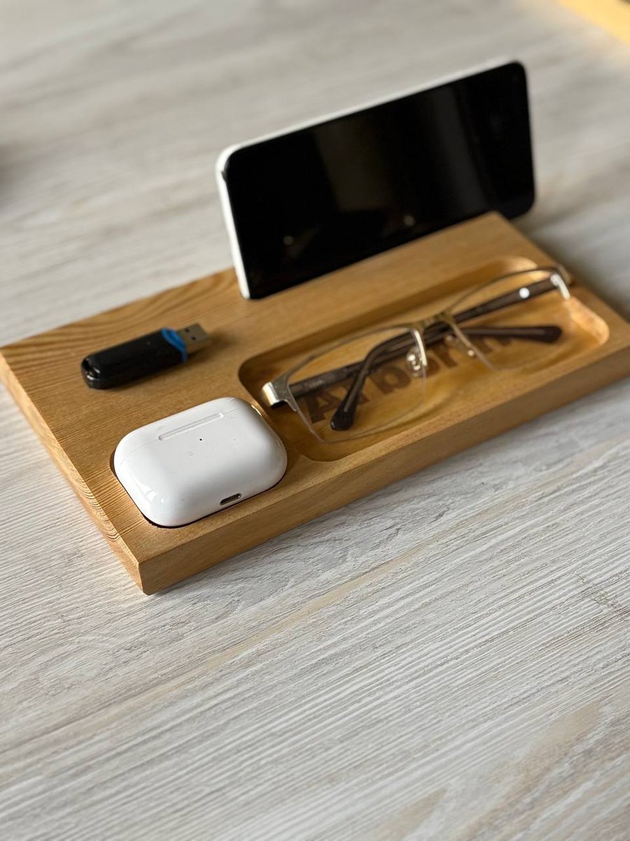 Wooden Desk Tidy with Phone Stand – Solid Wood Organiser, Glasses & AirPods Tray