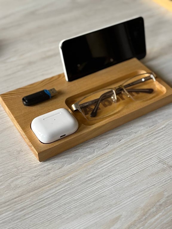 Wooden Desk Tidy with Phone Stand – Solid Wood Organiser, Glasses & AirPods Tray