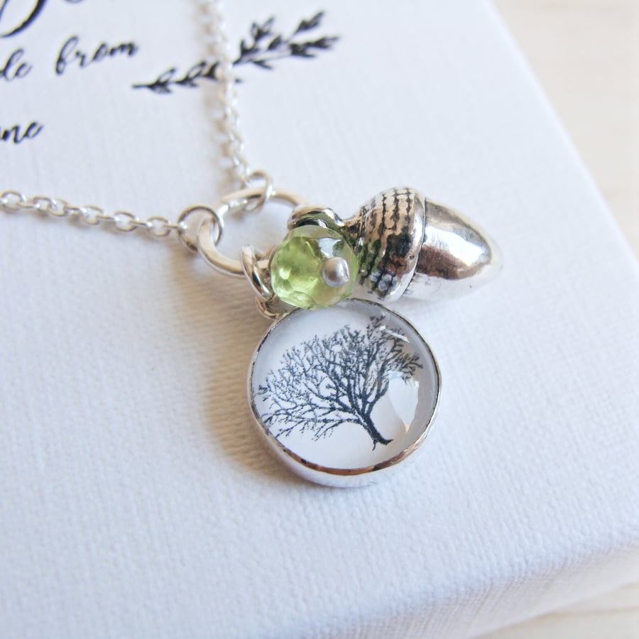 Sterling Silver Acorn Charm Necklace with Tree Art Charm and Peridot Gemstone