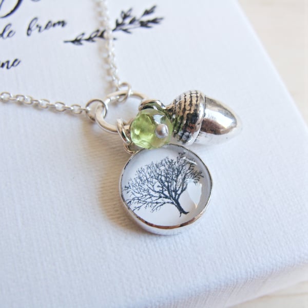 Sterling Silver Acorn Charm Necklace with Tree Art Charm and Peridot Gemstone