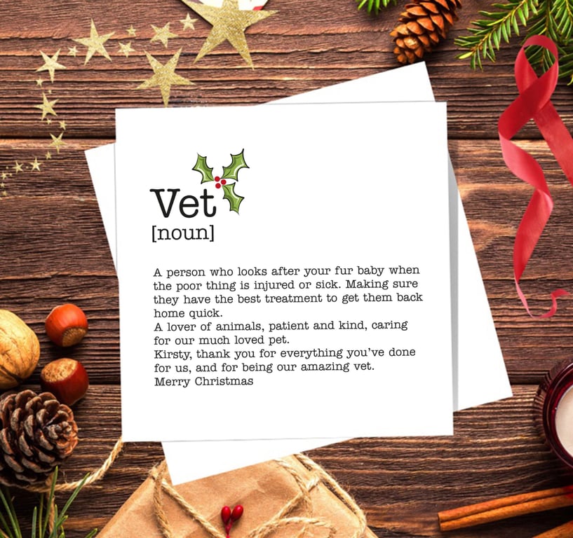 Vet Definition Christmas Card, personalised, blank inside