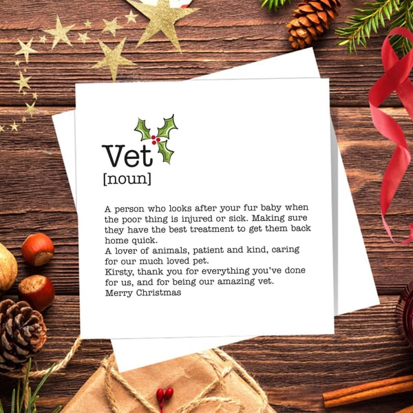 Vet Definition Christmas Card, personalised, blank inside