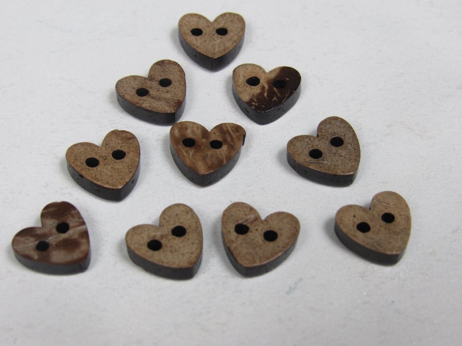 10 Small 10mm Heart Shaped Coconut Buttons