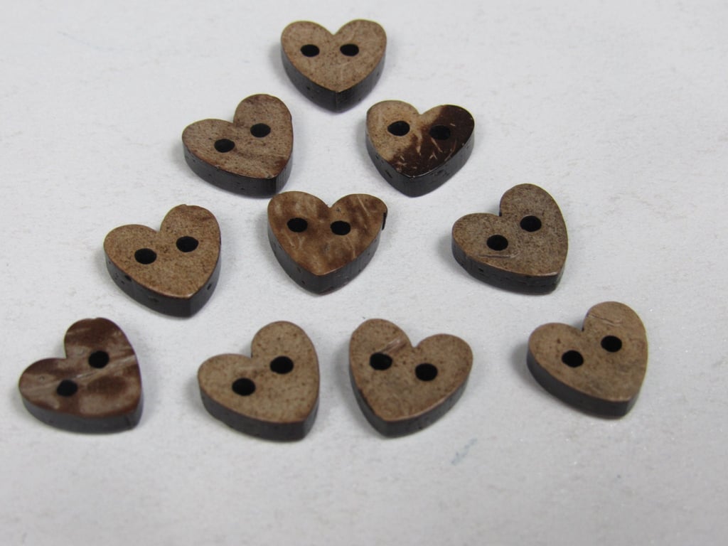 10 Small 10mm Heart Shaped Coconut Buttons